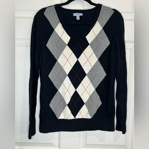 IZOD  Women’s Pull Over Sweater Black Pink Argyle long sleeve - Size Large